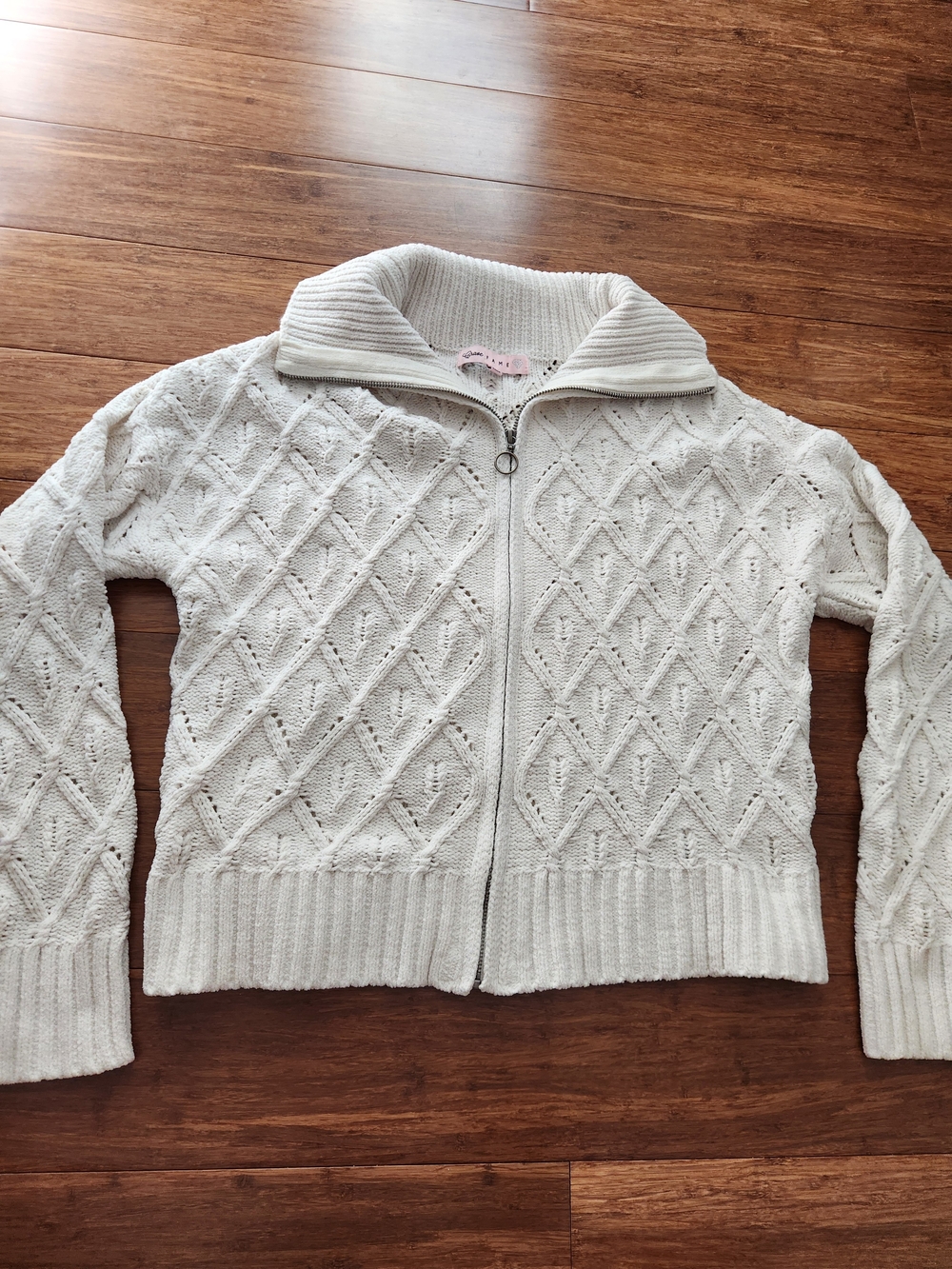 Crave Fame Women's Juniors White Full Zip Knit Chenille Sweater Jacket, Large